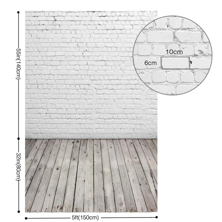 5X7ft White Brick Wall with Gray Wooden Floor Photography Vinyl Backdrop D-2504
