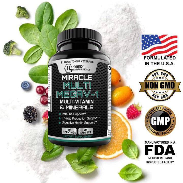 MEGAV-1 Multi-Vitamin, Superfood &amp; Minerals - Daily Multivitamin with Probiotics, Digestive Enzyme, Mushroom Complex for Heart Health, Immune Support, Energy &amp; Stamina - 90 Tablets