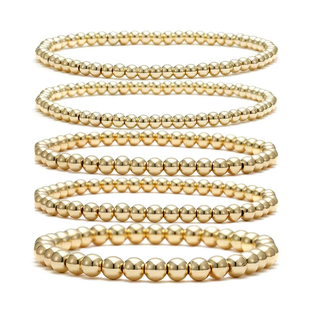 Gold Beaded Bracelet Set for Women Stack 14 K real Gold Plated Ball Bracelets Elastic String Bracelet 4 mm 5 mm 6mm Small Beads Friendship Bracelet for Men (gold)