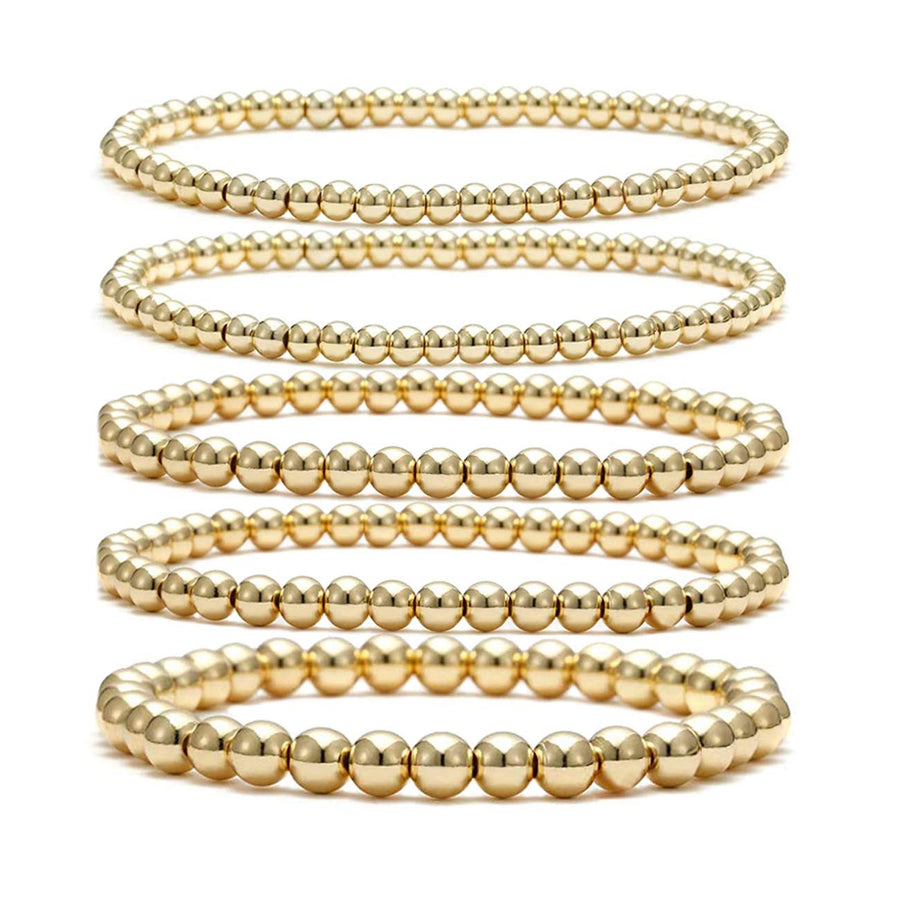 Gold Beaded Bracelet Set for Women Stack 14 K real Gold Plated Ball Bracelets Elastic String Bracelet 4 mm 5 mm 6mm Small Beads Friendship Bracelet for Men (gold)