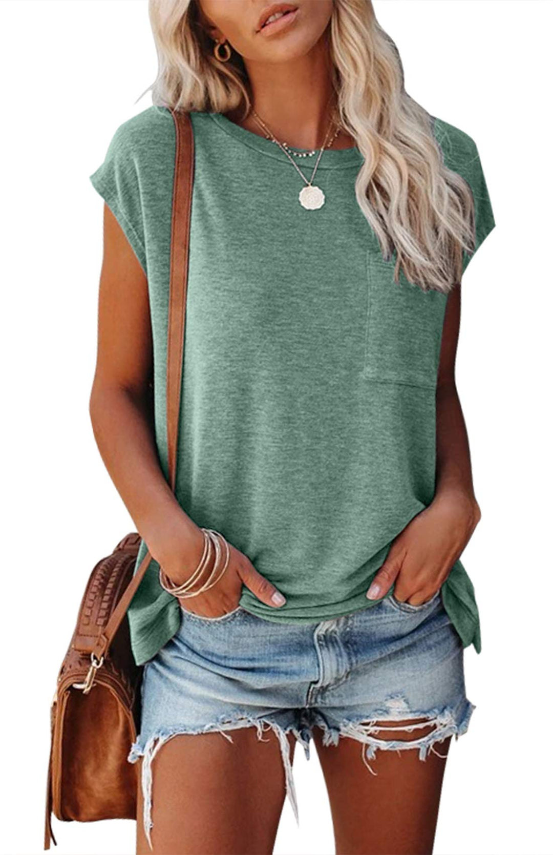 Women&#39;s Short Sleeve Tunic Tops 2023 Basic Loose T Shirts Solid Color Batwing Cap Sleeve Casual Tee Green