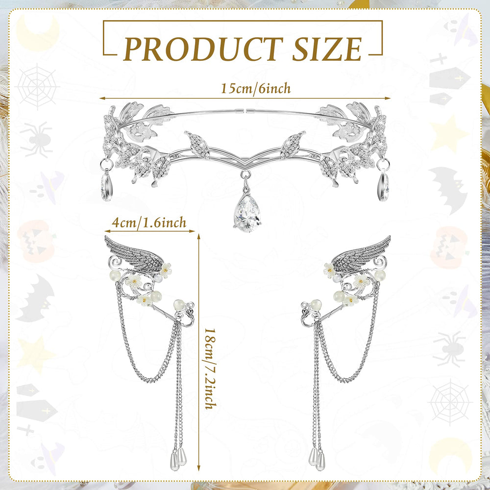 3 Pcs Halloween Rhinestone Leaf Headband Metal Elf Ears Fairy Costume Crown Princess Cosplay for Women(Silver)