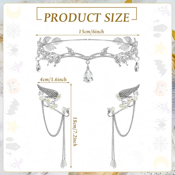 3 Pcs Halloween Rhinestone Leaf Headband Metal Elf Ears Fairy Costume Crown Princess Cosplay for Women(Silver)