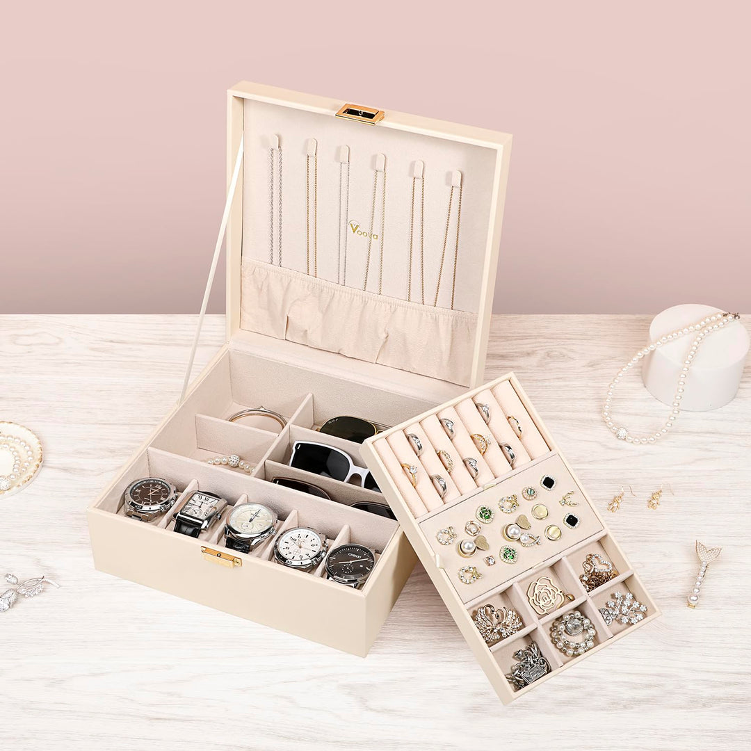 Voova Jewelry Box Organizer for Women Men, 2 Layer Larg