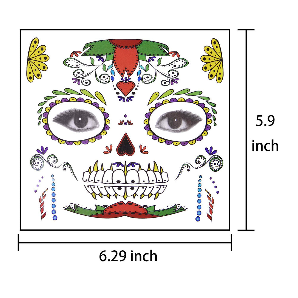 12 Pack Day of the Dead Sugar Skull Temporary Face Tattoo Halloween Makeup Tattoo for Men and Women