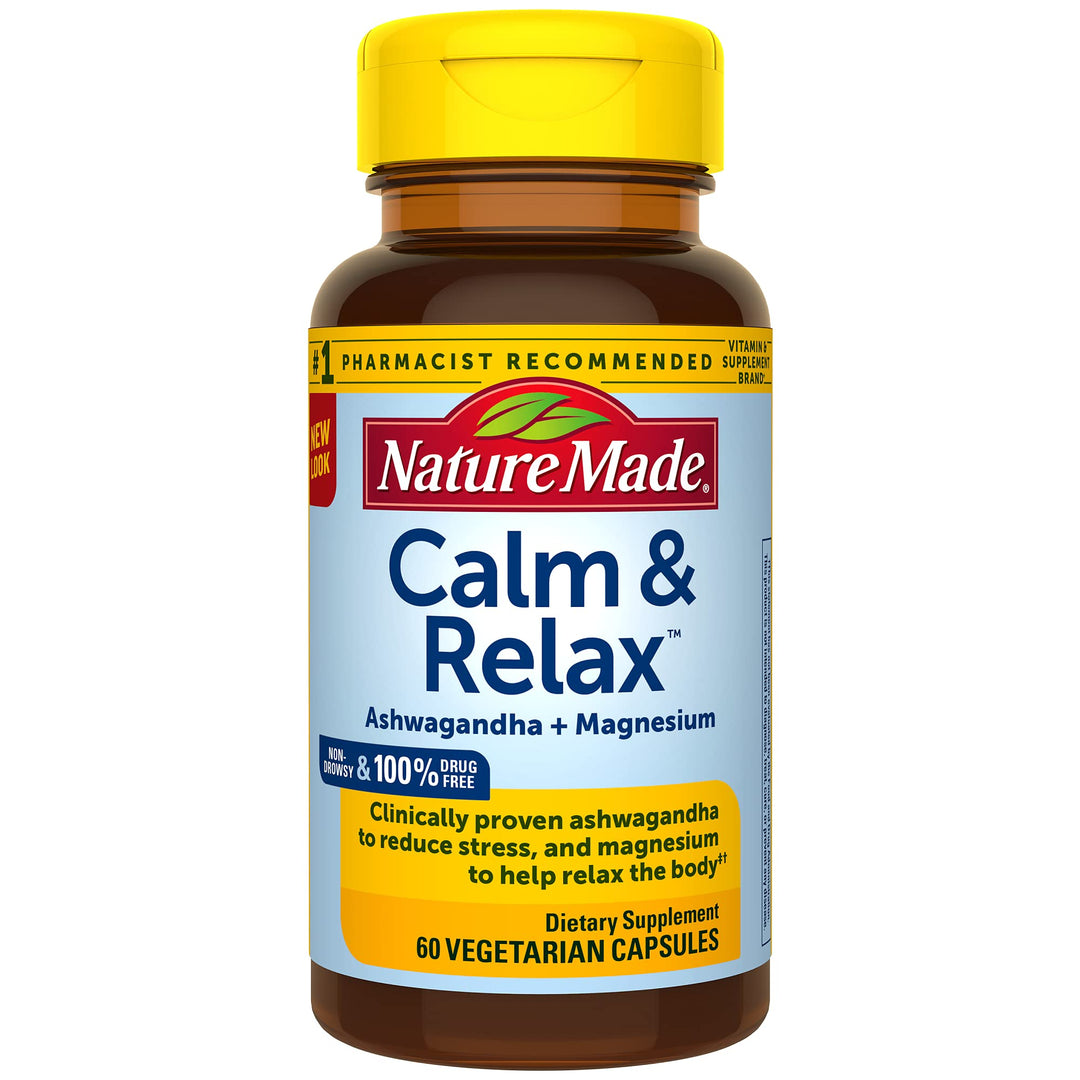 Calm &amp; Relax with 300mg Magnesium and 125mg Ashwagandha for Stress Relief, 60 Veggie Capsules