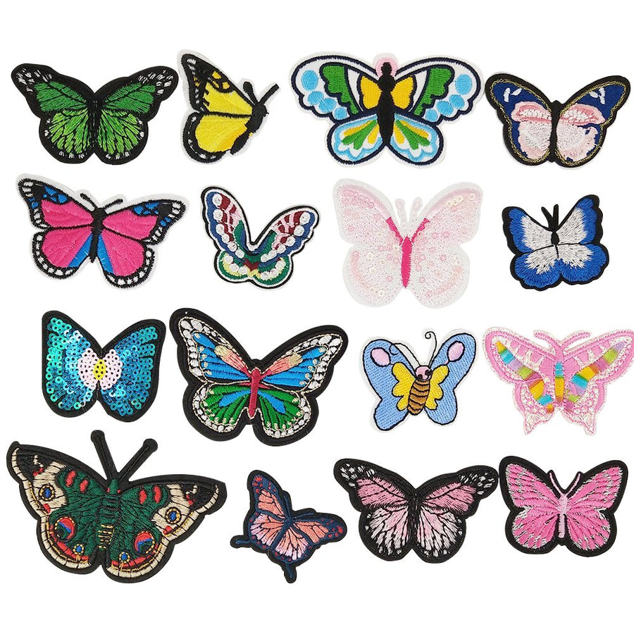 Random 16pcs Embroidered Butterfly Patch Sew On/Iron On Patch Applique Clothes Dress Plant Hat Jeans Sewing Flowers Applique DIY Accessory (Butterfly)