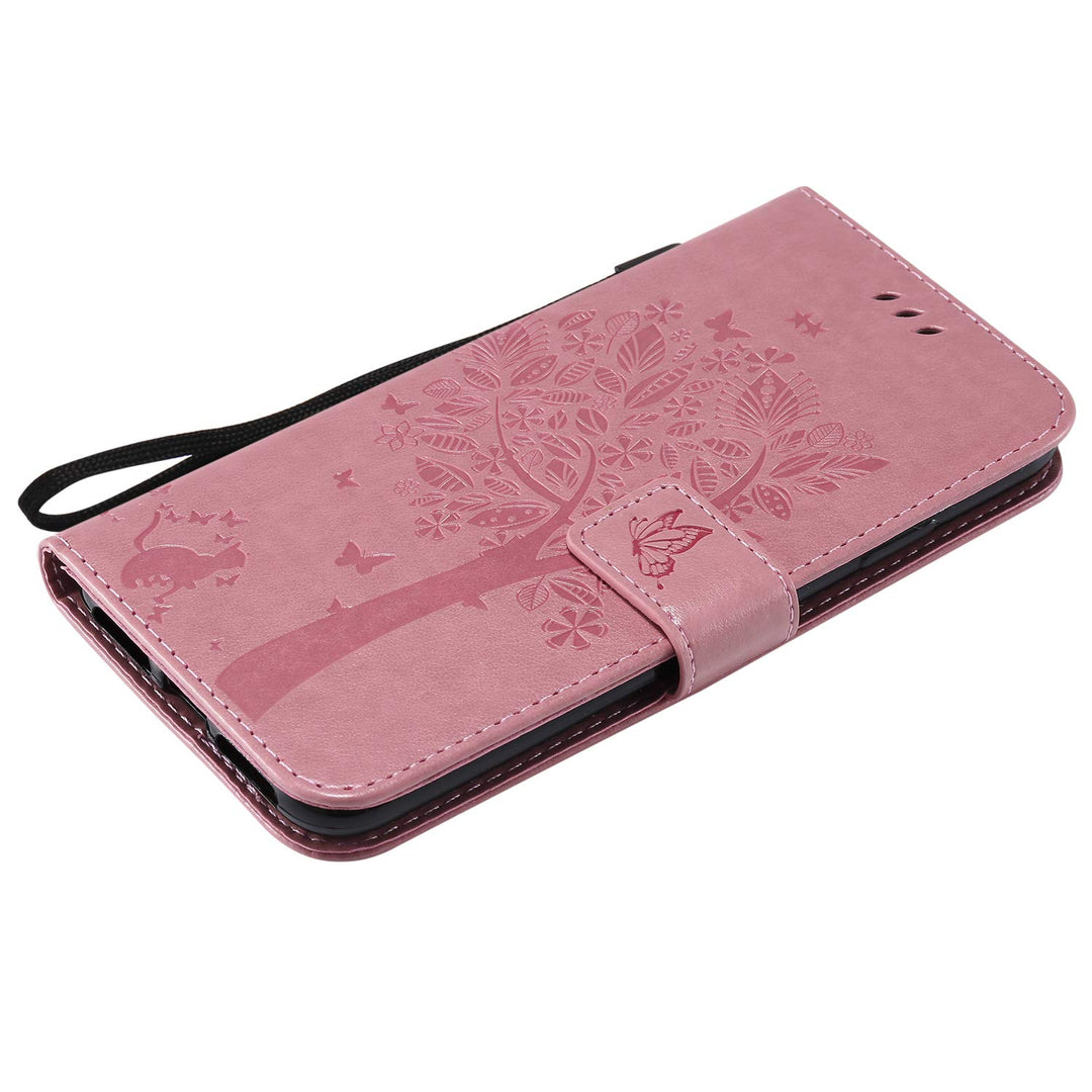 NOMO for iPhone XR Case,for iPhone XR Wallet Case,for iPhone XR Flip Case PU Leather Emboss Tree Cat Flowers Folio Magnetic Kickstand Cover with Card Slots for iPhone XR (6.1 inch) Release, Pink