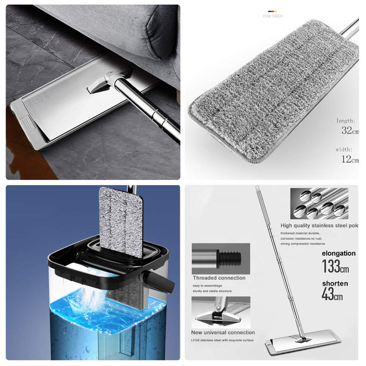Silver Squeeze Flat Floor Mop and Bucket Set, Stainless Steel Handle Adjustable, 4 Washable &amp; Reusable Microfiber Mop Pads, Professional Commercial Home Mops for Floor Cleaning