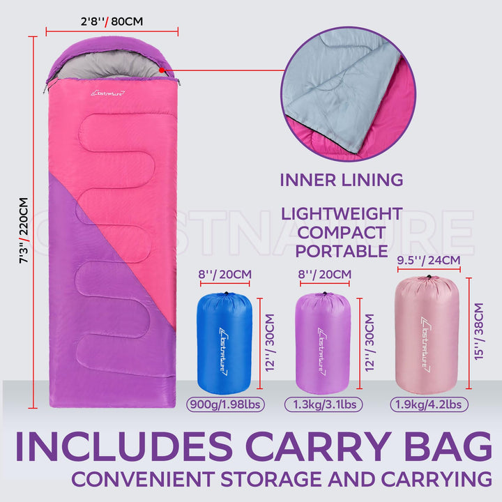 Sleeping Bag for Adults and Kids - Lightweight Camping Sleeping Bag for Girls, Boys, Youths, Ultralight Backpacking Sleeping Bag for Cold Weather - Compression Sack Included(Right Zipper)