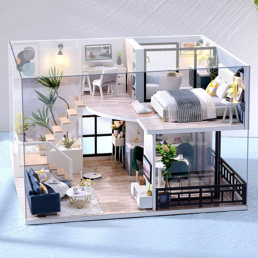 DIY Dollhouse Miniature Wooden Furniture Kit, Doll House Kit with Dust Proof Cover Music Box, Mini Handmade Wooden Dollhouse Toys for Adult Gift(L32)