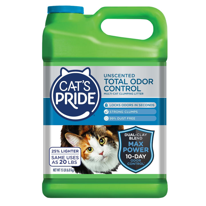 Cat&#39;s Pride Max Power: Total Odor Control - Up to 10 Days of Powerful Odor Control - Strong Clumping - Hypoallergenic - 99% Dust Free - Multi-Cat Litter, Unscented, 15 Pounds