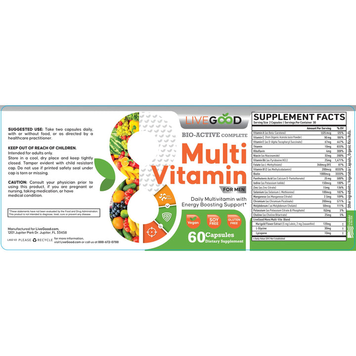 LiveGood™ Men's Bio-Active Complete Multivitamin, Daily Supplement with Vitamin A, B12, C, E, Lycopene, Vegan, 60 Capsules