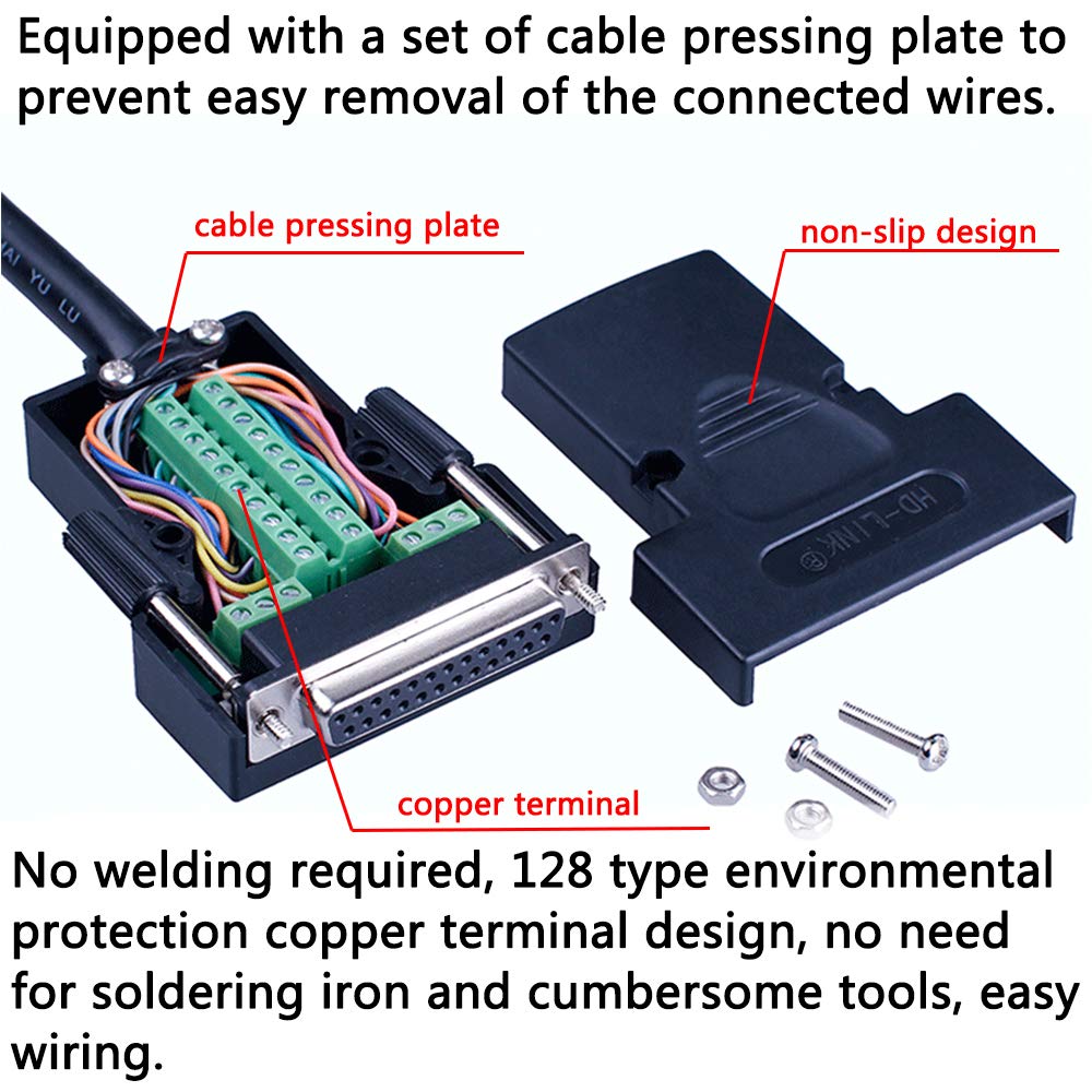 1PCS DB25 Solderless RS232 D-SUB Serial to 25-pin Port Terminal Female Adapter Connector Breakout Board with Case Long Bolts Nuts (Female)