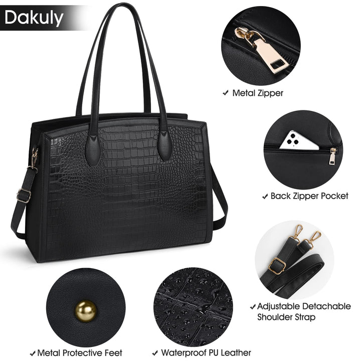 Laptop Bag for Women 15.6 Inch Laptop Tote Bags PU Leather Lightweight Womens Computer Bag Office Shoulder Bag Handbag Large Capacity Fashion Work Briefcase Bag 2PCs Black Crocodile Pattern