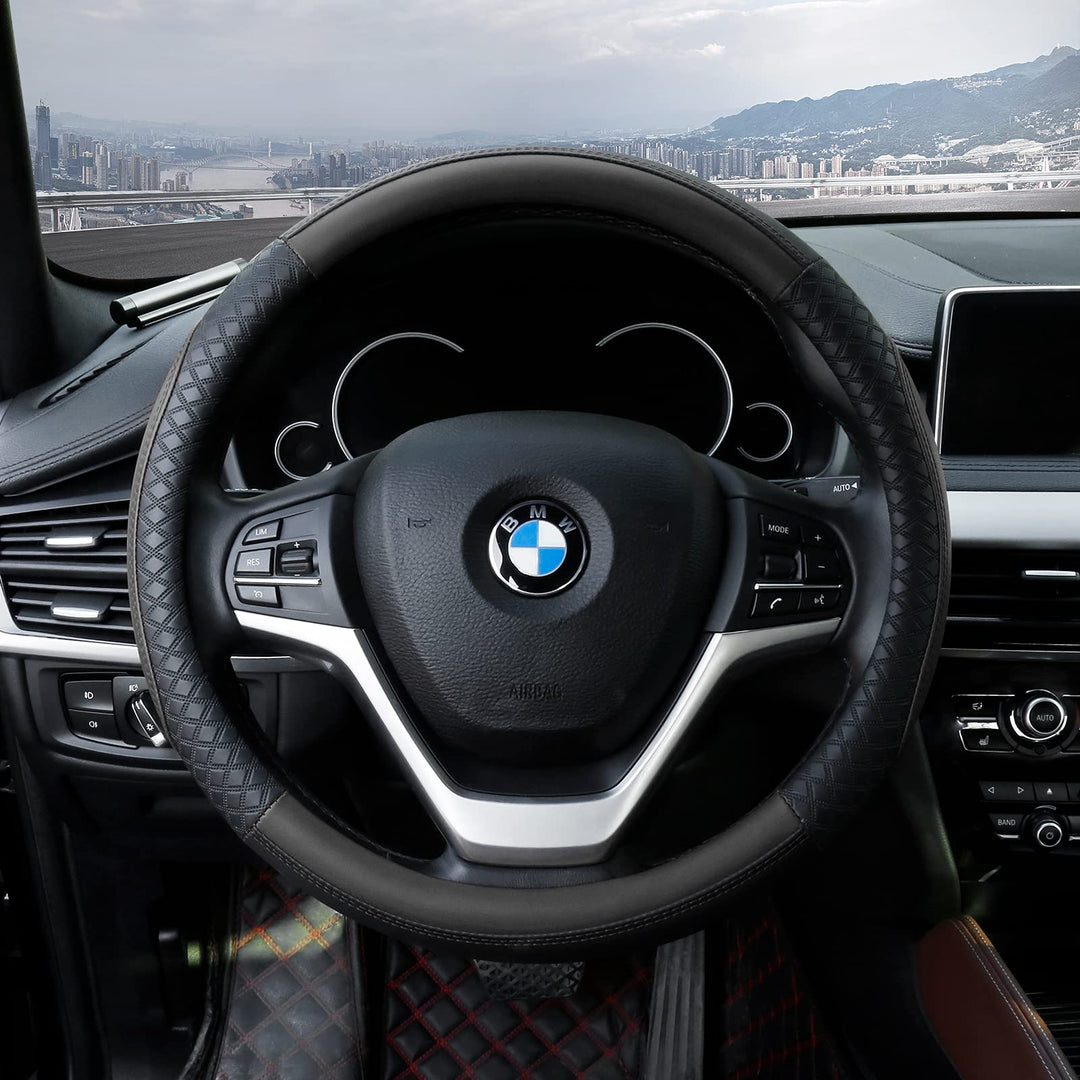 Leather Steering Wheel Cover Universal 15 inch Auto Car Steering Wheel Covers for Men Women with Anti-Slip Embossing Soft and Comfortable