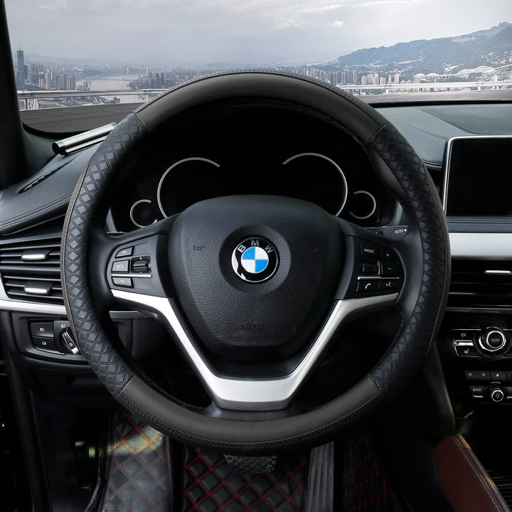 Leather Steering Wheel Cover Universal 15 inch Auto Car Steering Wheel Covers for Men Women with Anti-Slip Embossing Soft and Comfortable