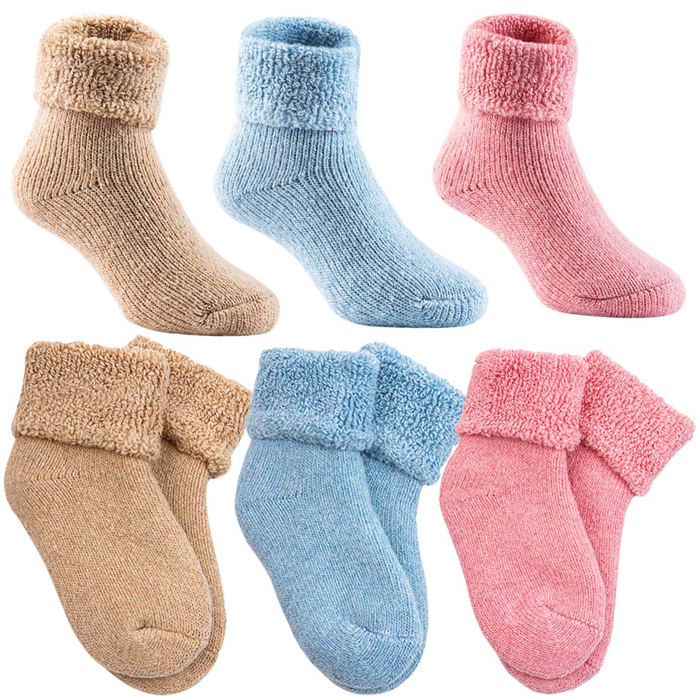 Baby Toddler Thick Wool Socks - Super Warm Soft Winter Solid Color Casual Crew Socks For Baby Girls Boys(Pack of 3)