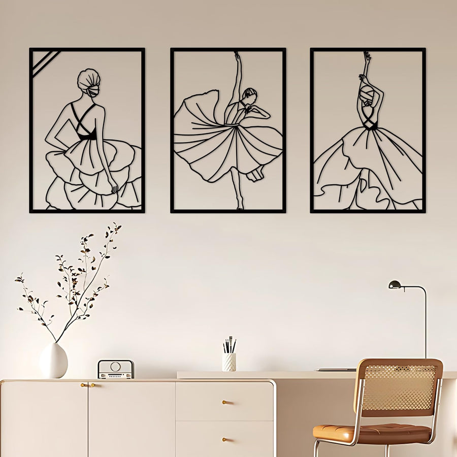 3 Pieces Metal Modern Minimalist Woman Wall Decor Abstract Line Drawing Female Dancers Simple Line Wall Art Home Decor for Bedroom Bathroom Living Room Dance Room (Gold)