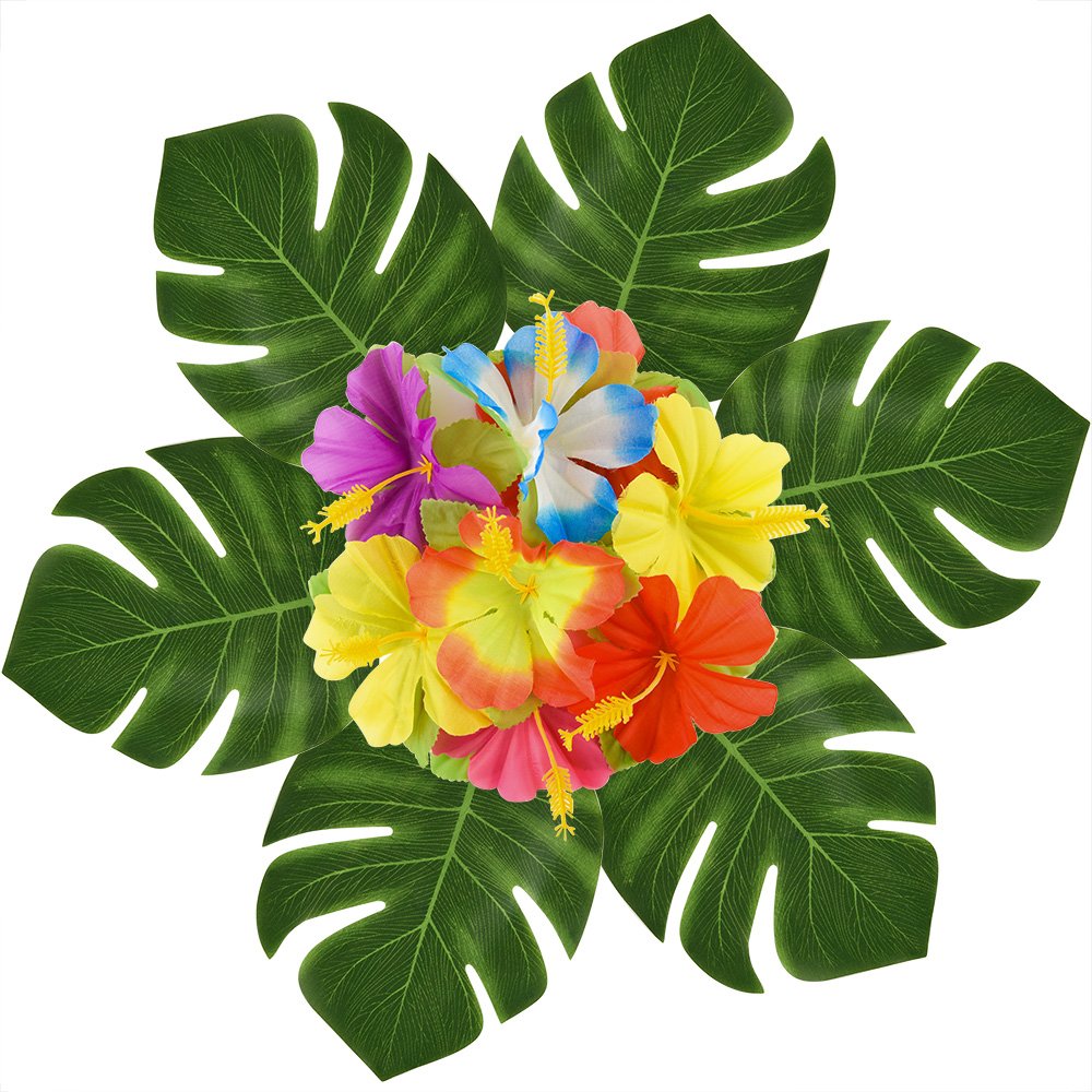 88 Pcs 20cm/8 Tropical Palm Leaves and Silk Hibiscus Flowers Party Decor, Artificial Monstera Plant Leaves Flowers Hawaiian Luau Party Jungle Beach Theme BBQ Birthday Party Decorations Supplie