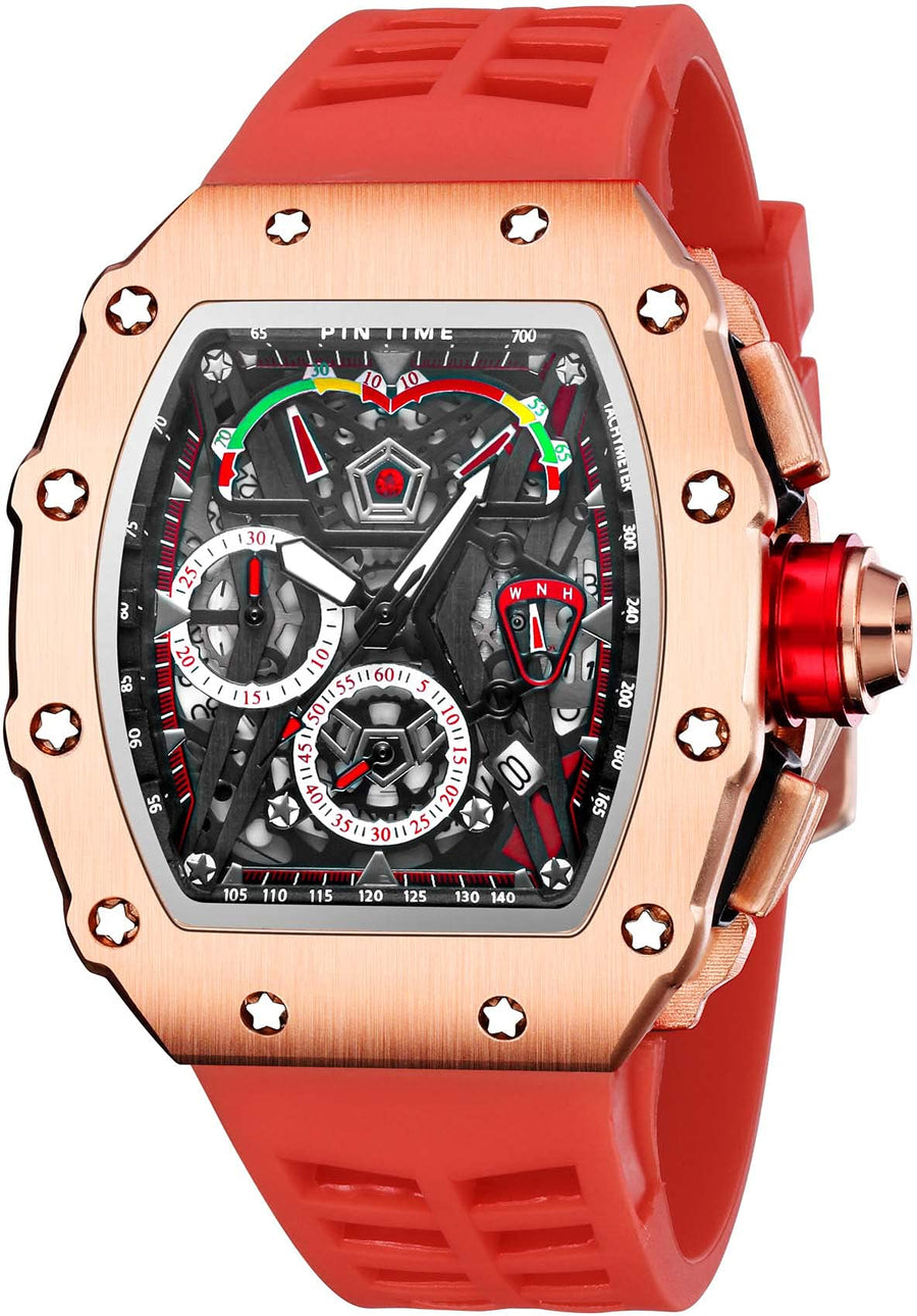 Mens Luxury Tonneau Square Watches Analog Punk Chronograph Unique Sports Wrist Watch Japanese Movement Luminous Design with Rubber Band (Rosegold Red)