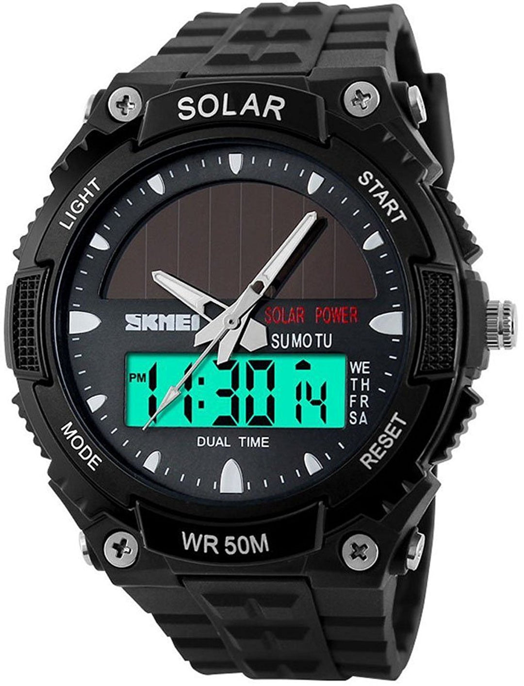 Men&#39;s Solar Powered Casual Quartz Wrist Watch Analog Digital Multifunctional Black Sports Watch (Black)