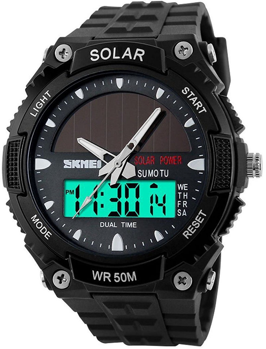 Men's Solar Powered Casual Quartz Wrist Watch Analog Digital Multifunctional Black Sports Watch (Black)