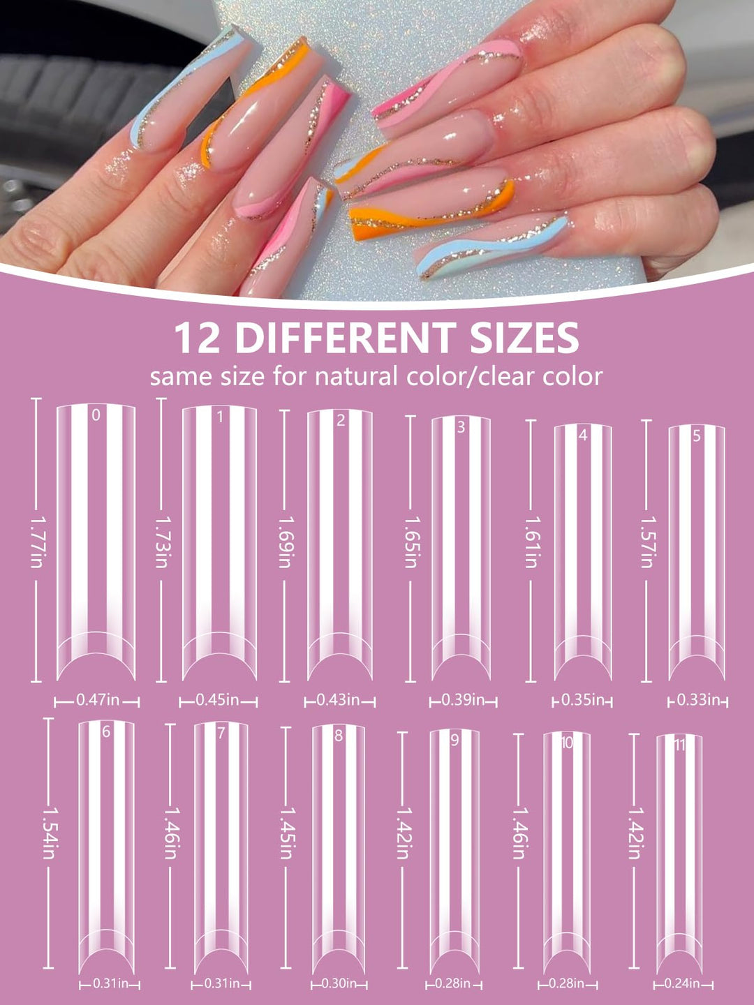 400PCS Extra Long C Curve Nail Tips and Glue, 2 Packs Natural and Clear Acrylic Nail Tips Manicure, 10 Sizes Artificial XXL Long Straight Square French Press on False Nail Tips with 10PCS Nail Glue