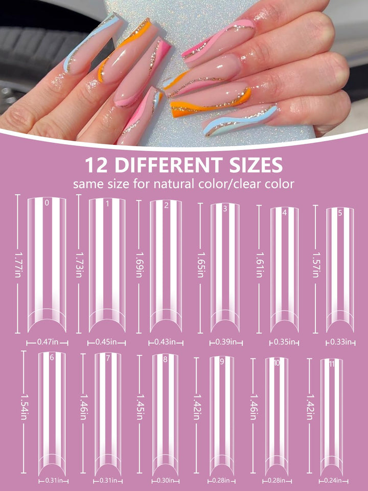 400PCS Extra Long C Curve Nail Tips and Glue, 2 Packs Natural and Clear Acrylic Nail Tips Manicure, 10 Sizes Artificial XXL Long Straight Square French Press on False Nail Tips with 10PCS Nail Glue