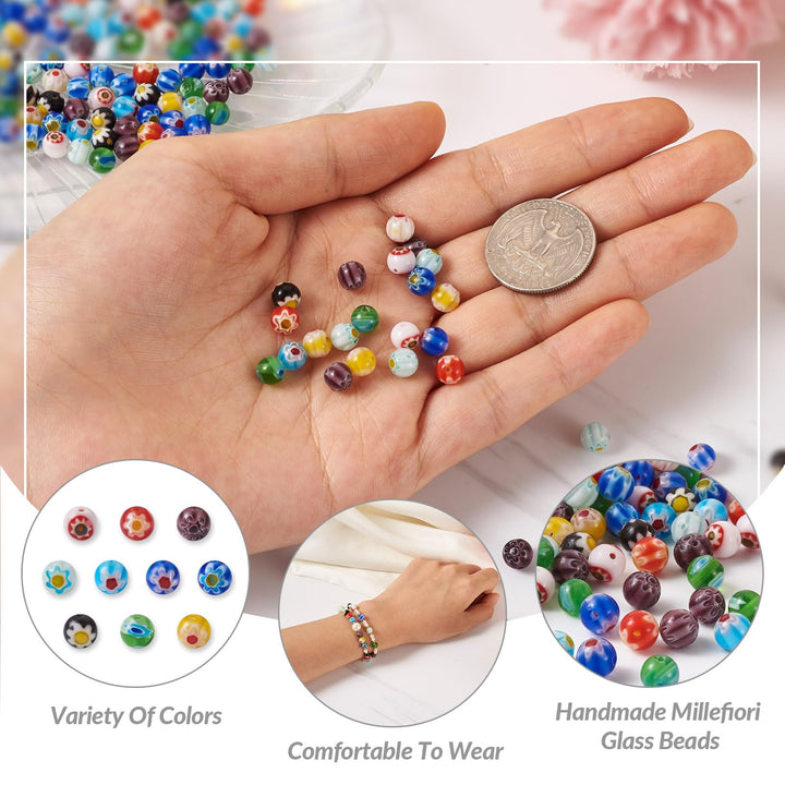 Fashewelry 325Pcs 6mm Tiny Millefiori Glass Round Ball Beads Mixed Colors Mosaic Glass Spacer Loose Beads Handmade Flower Pattern Lampwork Beads for Jewelry Making DIY Crafts