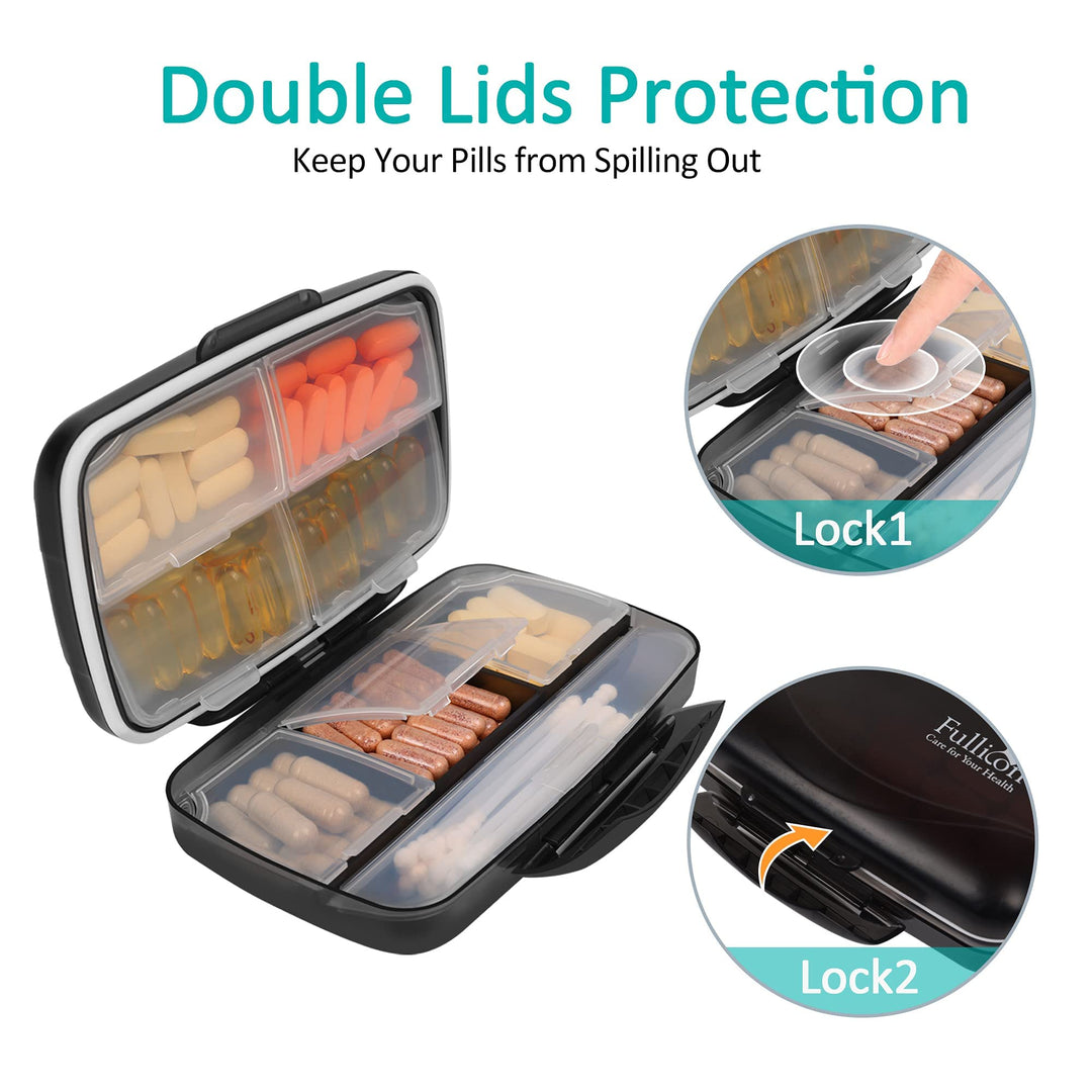 Travel Pill Organizer Large Portable Medication Oversize 8 Compartment Pill Box, Vitamin Travel Case Pill Holder - Airtight &amp; Moistureproof (Black)