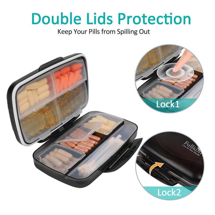Travel Pill Organizer Large Portable Medication Oversize 8 Compartment Pill Box, Vitamin Travel Case Pill Holder - Airtight &amp; Moistureproof (Black)