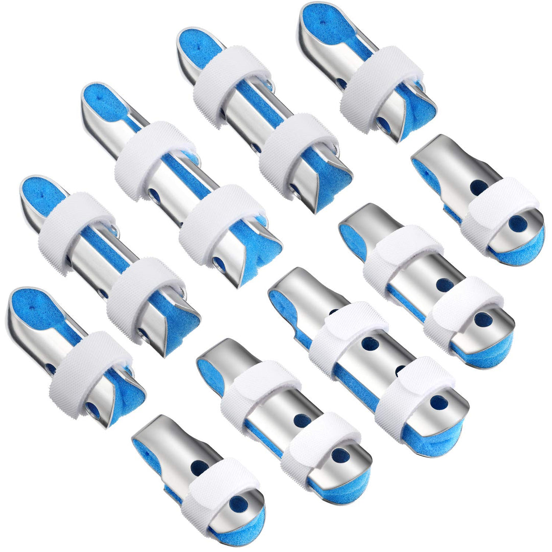 BBTO 10 Pieces Finger Splints Metal Padded Finger Support Finger Stabilizer with Soft Foam Interior and Loop Straps, 3 Sizes(10 Pieces,Blue)