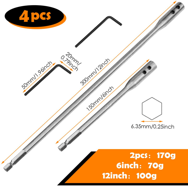 4 Pieces 1/4 Extension Drill Bit Set Wood Spade Drill Bit Extension, 6 and 12 Inches Spade Drill Bit Extension with 2 Pieces Key, Use with High-Carbon Steel Wood Spade Bits
