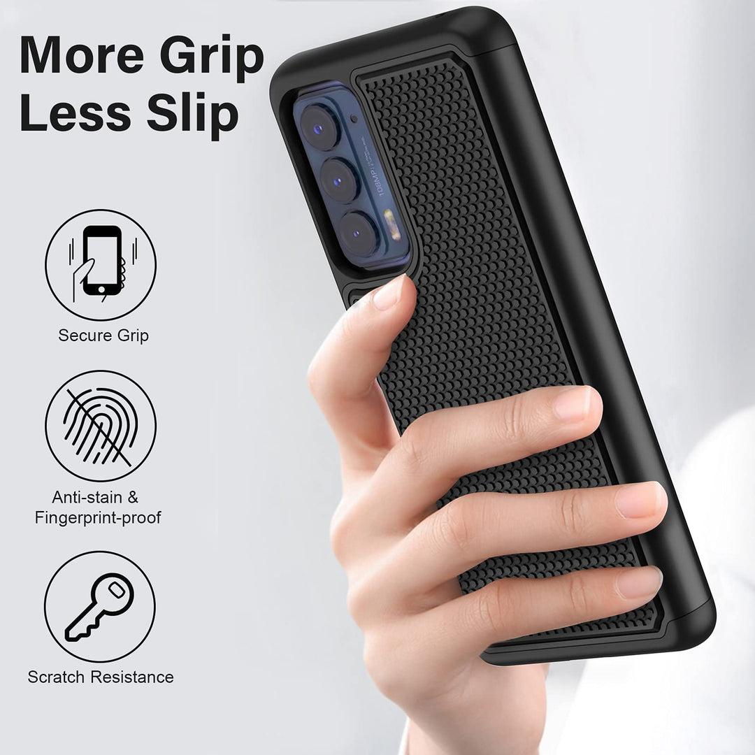 for Motorola Edge 2021 / Motorola Edge 5G UW Case: Heavy Duty Shockproof Protective Phone Case - Anti-Slip Textured Hard Cover + Soft Silicone Rubber Bumper, Military Armor Case - Black
