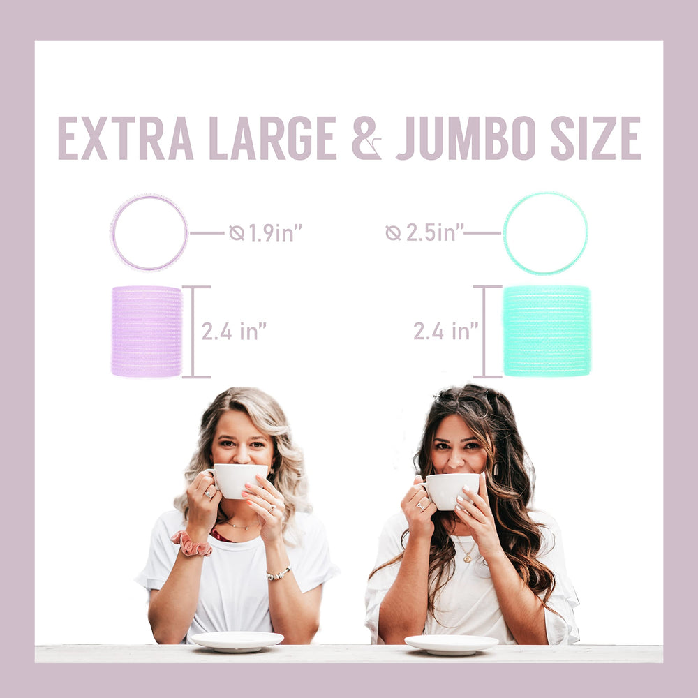 Self Grip Extra Large and Jumbo Hair Rollers with Clips | Hair Rollers for Long Hair | 36 pcs Set - 24 Rollers & 12 Duckbill Clips – Violet & Mint