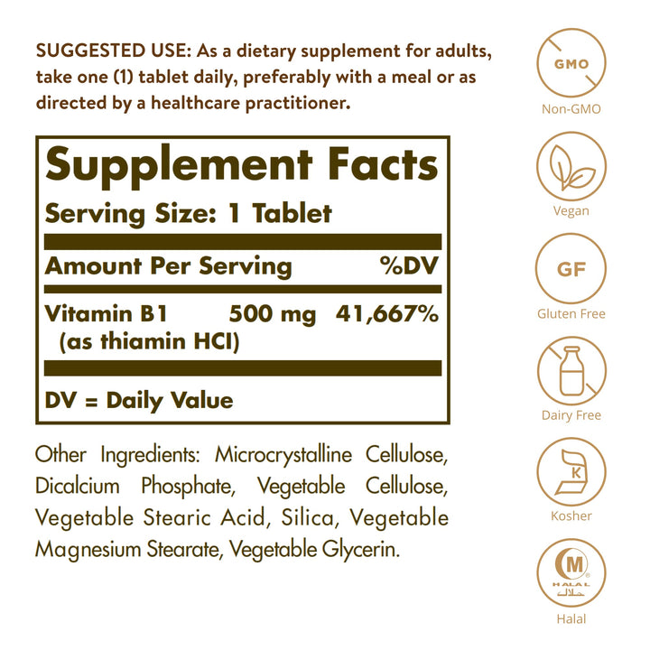 Solgar Vitamin B1 (Thiamin) 500 mg, 100 Tablets - Energy Metabolism, Healthy Nervous System, Overall Well-Being - Super Potency - Non-GMO, Vegan, Gluten Free, Dairy Free - 100 Servings
