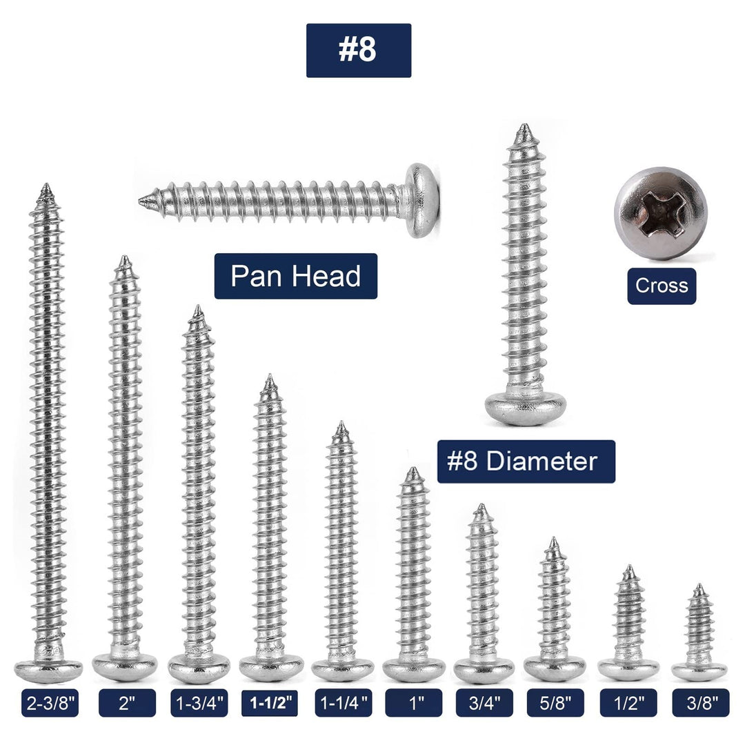 #8 x 1 Wood Screw 100Pcs 18-8 (304) Stainless Steel Pan Head Fast Self Tapping Drywall Screws by SG TZH