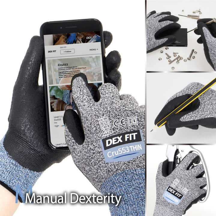 A5 Precision Cut Resistant Gloves Cru553 Thin, Firm Grip, 3D-Comfort Fit, Lightweight &amp; Durable, Touchscreen Compatible for Precision Assembly; Grey S (7) 1 Pair