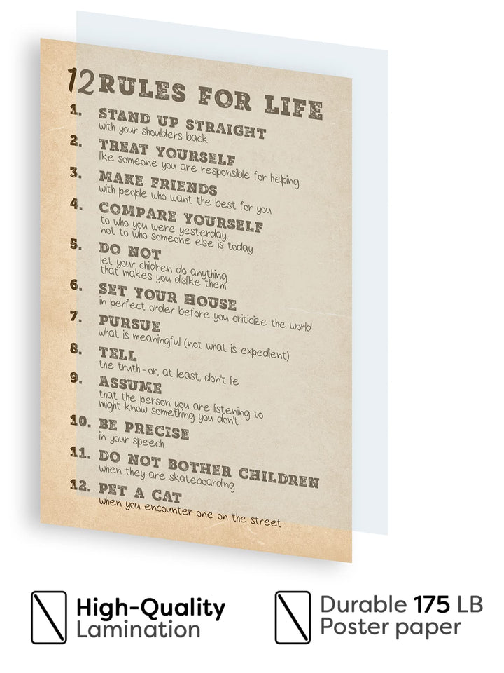 Picofyou 12 Rules for Life Motivational Poster - Jordan Peterson Inspirational Wall Art for Bedroom, Office, Home, Gym Decor Print - 16x24 Inch Unframed, 16 x 24 Inch