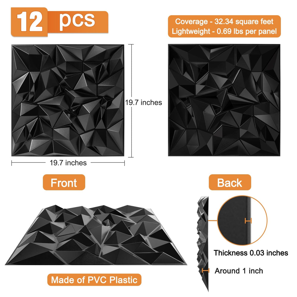 Acoustic Sound Diffuser Panels, 19.7 X 19.7 X 1 inches 12 Pcs Black PVC Plastic 3D Wall Panel, Recording Studio Acoustical Treatment Diffusion panel, Art Decorative Ceiling Tiles