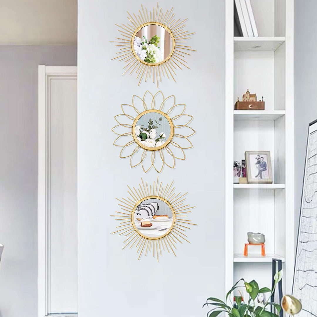 3 Pack Metal Mirrors for Wall Sunburst Wall Mirrors Home Décor Decorative Hanging Wall Art for Living Room Bedroom Entryway (Gold, Flower+Sunburst)