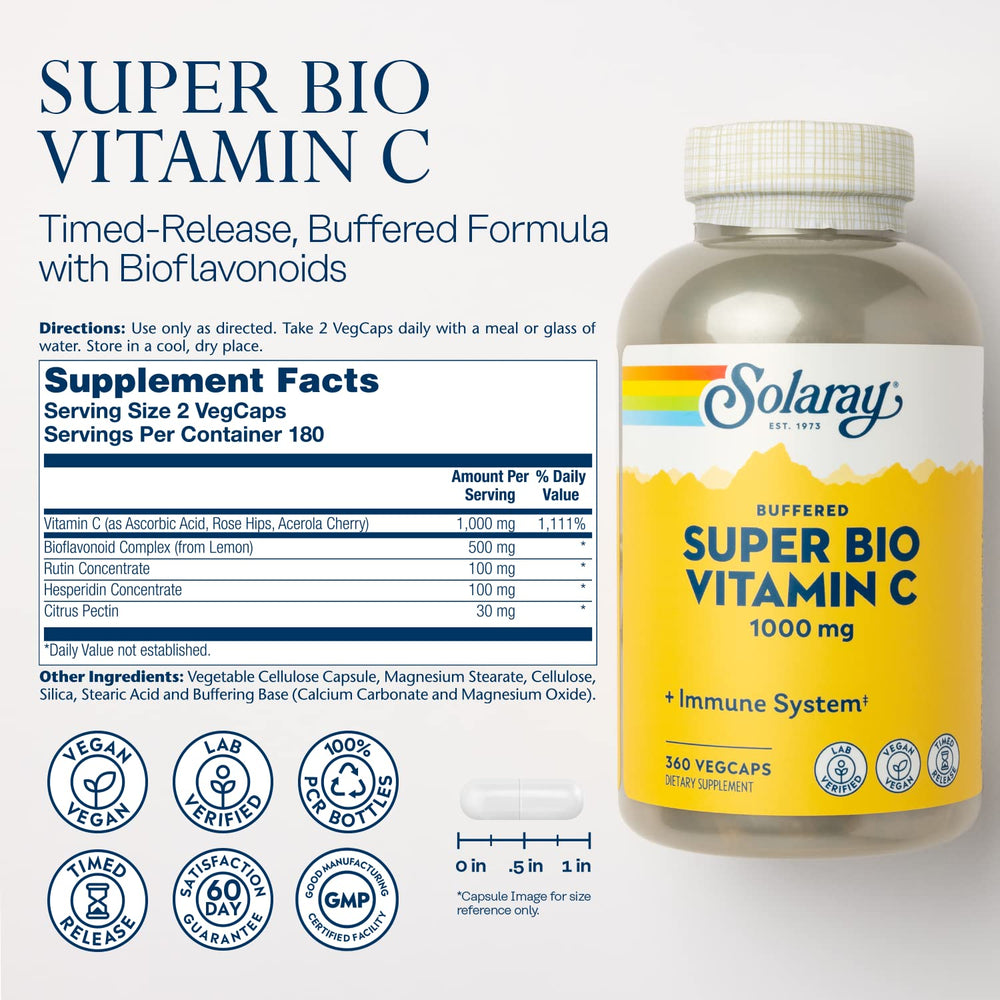 Super Bio Buffered Vitamin C 1000mg, Two-Stage, Timed Release Vitamin C with Bioflavonoids, Immune Support Supplement - High Absorption, Vegan, 60 Day Guarantee, 180 Servings, 360 VegCaps 180