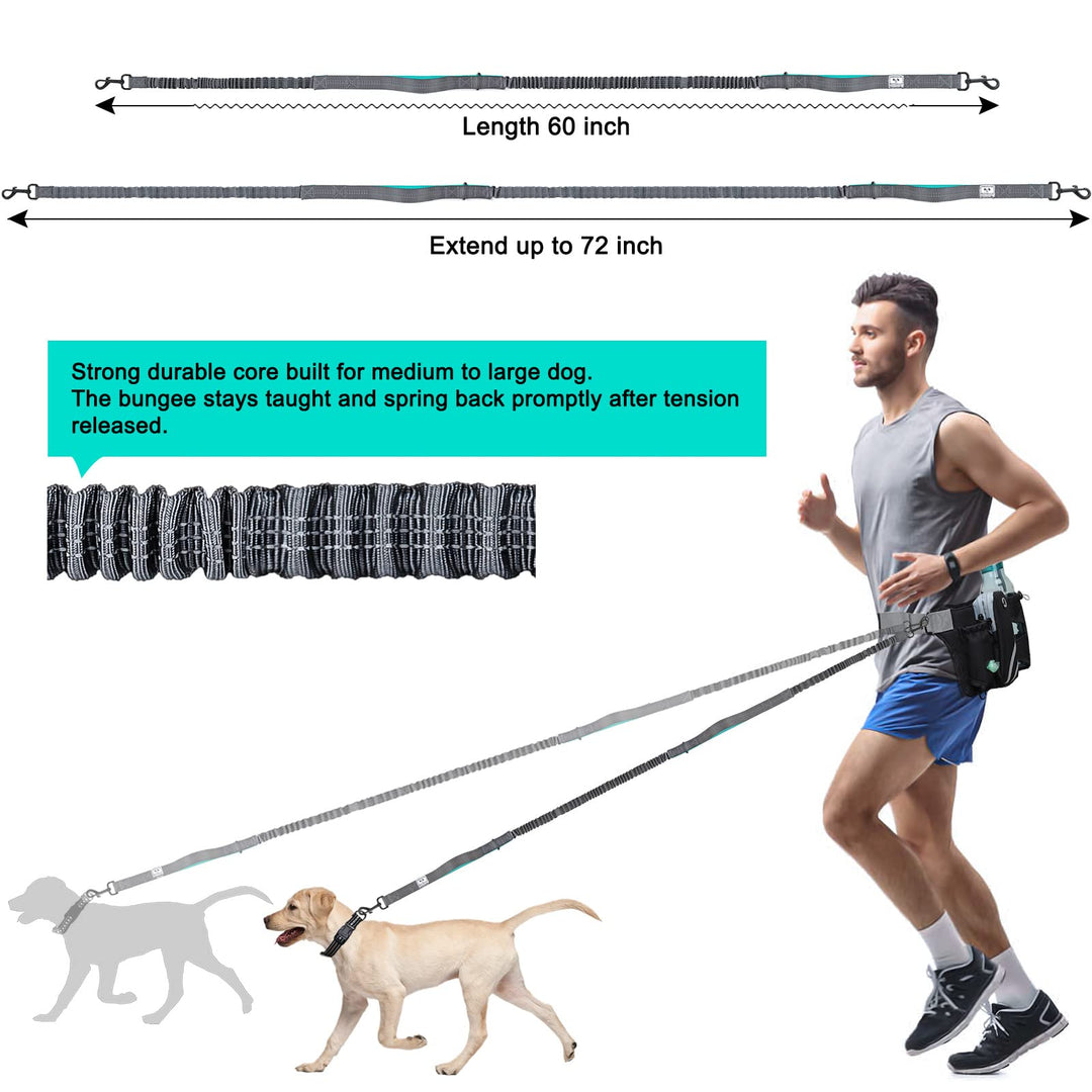 Retractable Hands Free Dog Leash with Dual Bungees for 2 Dogs, Adjustable Waist Belt Fanny Pack, Reflective Stitching Leash for Running Walking Hiking Jogging Biking Black