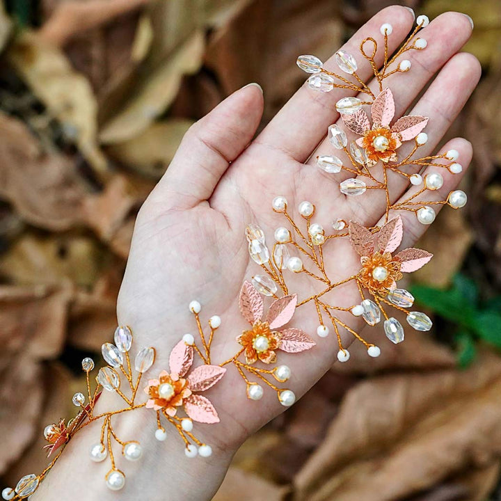 Bride Flower Wedding Hair Vine Rose Gold Leaf Bridal Headband Pearl Hair Accessories for Women and Girls