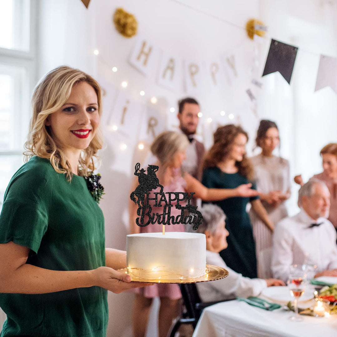 Black Cowboy and Horse Cake Topper with Gun, Happy Birthday West Theme Cake Decoration, Horse Racing Cake Topper, Western Wedding Anniversary Party Supplies