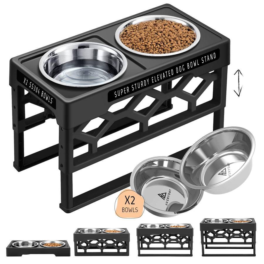 Large Dog Bowls Elevated, 4 Height Adjustable Raised Dog Bowl Stand with 2 Stainless Steel Food and Water Bowls Set, Tall Dogs Feeding Station with Anti-Slip Base for Medium Large Breeds Dogs
