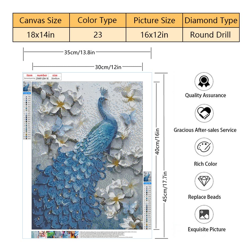 5D DIY Diamond Painting Kit, Blue Peacock Diamond Painting Kits for Adults, Crystal Rhinestone Painting with Diamonds, Full Round Drill Diamond Painting Art Craft for Home Wall Decor (12 x 16 inch)
