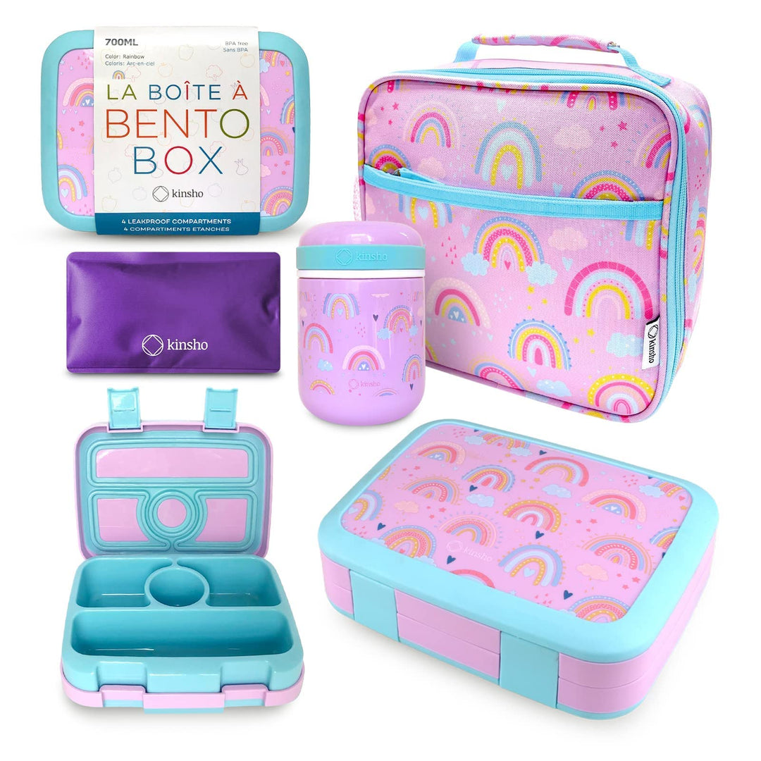 Bento Lunch Box with Thermal for Kids Set, Insulated Lunch Bag with Ice Pack, Stainless Steel Food Jar for Hot Soup, Boxes with 4 Compartments, Purple Rainbow