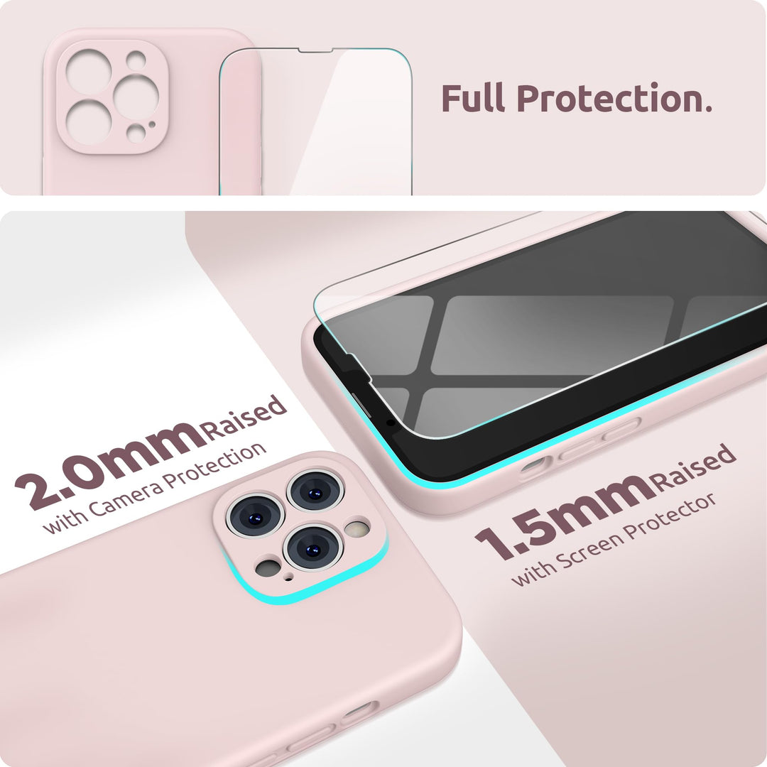 Compatible with iPhone 13 Pro Max Case with Screen Protector, (Camera Protection + Soft Microfiber Lining) Liquid Silicone Phone Case 6.7 inch 2021, Pink Sand
